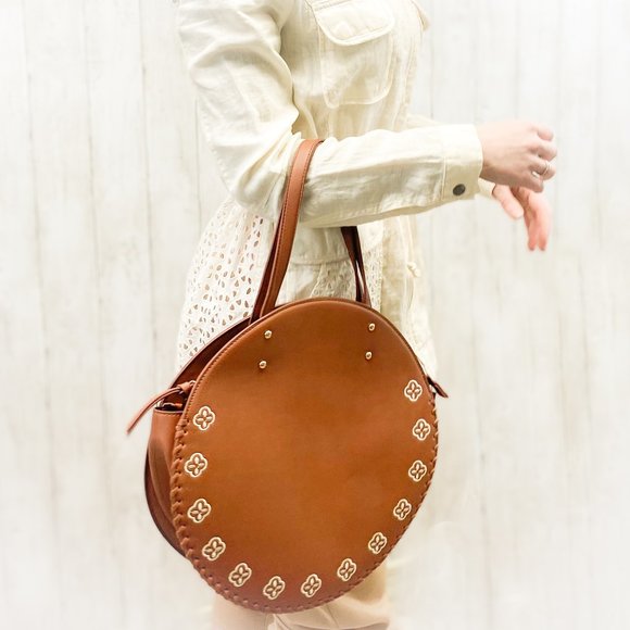 Francesca's || Women's Boho Style Circle Tote Brown Stand Up Large Travel Purse - Picture 2 of 12